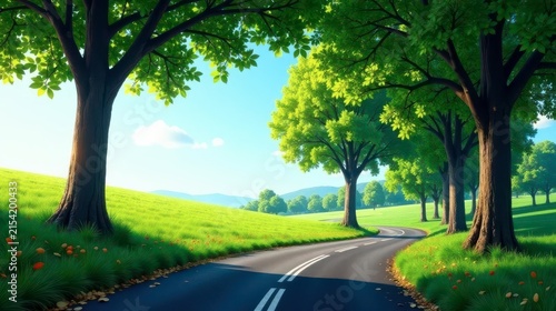 Asphalt Road Winding Through a Lush Green Meadow, Under the Shade of Vibrant, Full-Leafed Trees on a Sunny Day
