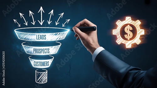 Businessman hand a marketing sales funnel on a dark blue wall with for leads, prospects, and customers with a glowing dollar gear