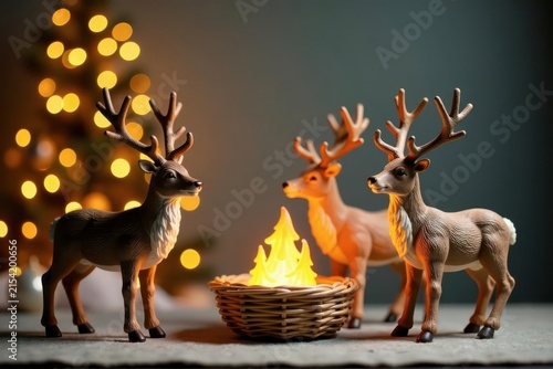 Three Reindeer Figurines Gather Around a Cozy Illuminated Festive Tree Lamp for a Whimsical Winter Scene