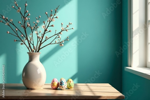 Spring blossoms in a vase on a wooden table near a window bathed in sunlight with decorated eggs