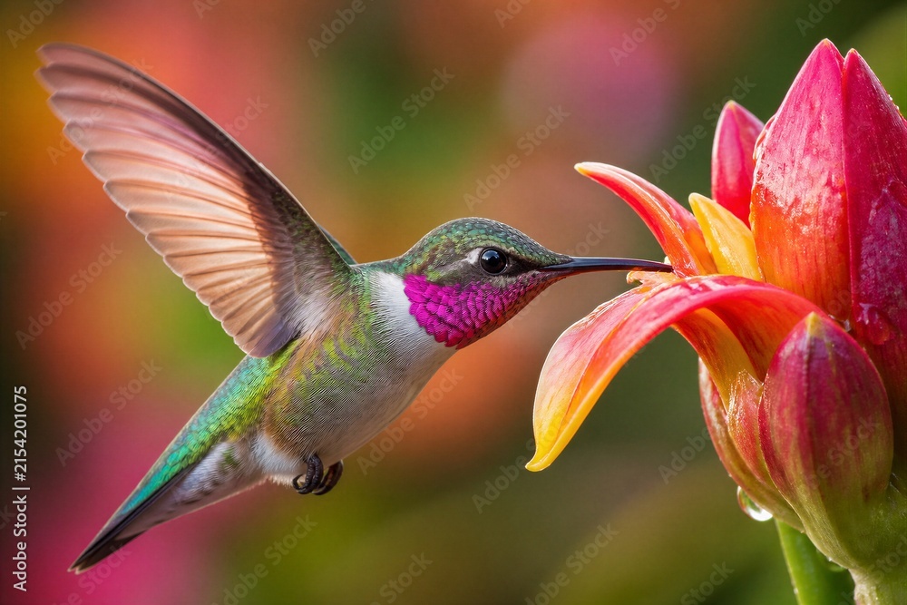 Naklejka premium Hummingbird feeding from tropical flower in vibrant garden