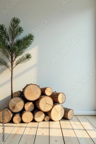 Sunlight illuminates a stack of wood logs and a small evergreen tree on a light wood floor against a white wall.