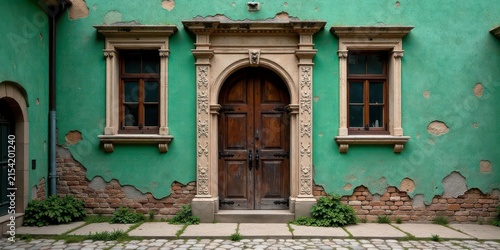 Aged teal building facade with distressed plaster, arched wooden door, and ornate stone window frames