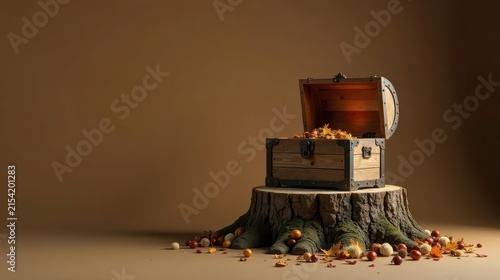 Autumnal Treasure Chest Atop a Rustic Tree Stump