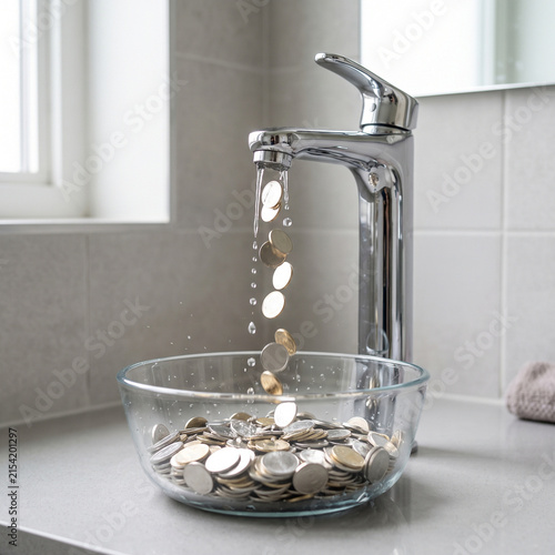 Clean coins falling with water drops from shiny chrome faucet symbolizing high utility bills, financial loss, resource waste, and expensive tap water cost, minimalist concept