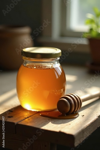 Golden honey in a glass jar with a wooden honey dipper on a rustic wooden table in sunlight