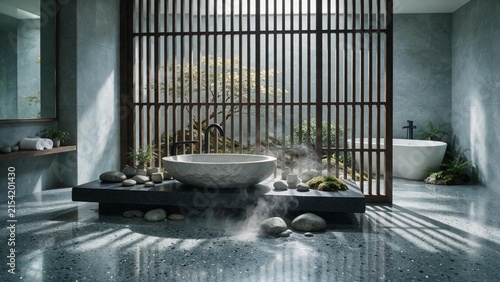 Zen inspired terrazzo washroom interior featuring stone vessel sink and steam rising from natural rocks with serene indoor garden view wooden slatted partitions
