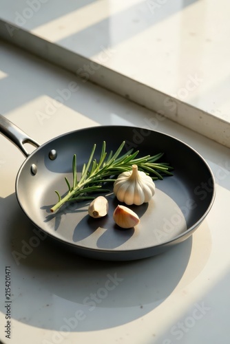 Sunlit Kitchen Scene Rosemary Sprig and Garlic Cloves Resting in a Dark Gray Frying Pan on a White Surface