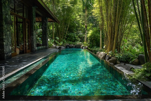 swimming pool at the bank of the luxurious beach glass platted with sierra blue water abstract backgroiund 