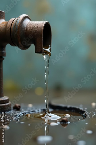 A rustic bronze faucet spouts a continuous stream of water, creating a captivating ripple effect in a dark basin.