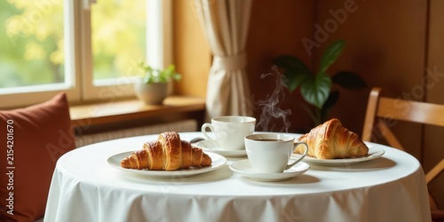 A Relaxing Morning Two Cups of Aromatic Coffee and Buttery Croissants on a Table near a Window
