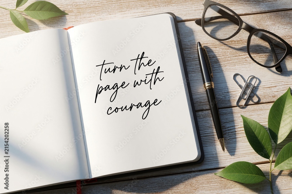 Obraz premium Open notebook with quote Turn the page with courage. Pen glasses paperclips and green leaves on wooden desk. Inspirational message for new beginnings and personal growth.