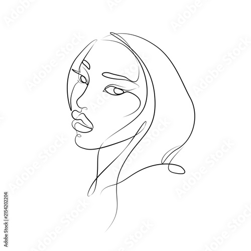 Elegant one line art portrait of a beautiful woman in minimalist style, continuous line drawing with modern abstract aesthetic, prints, logos, tattoos and wall decor.