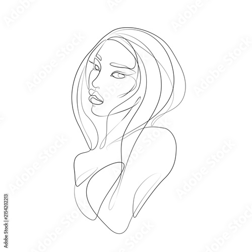 Minimalist one line art portrait of a beautiful woman, elegant continuous line drawing with modern abstract style, prints, logos, posters, tattoos and wall art.