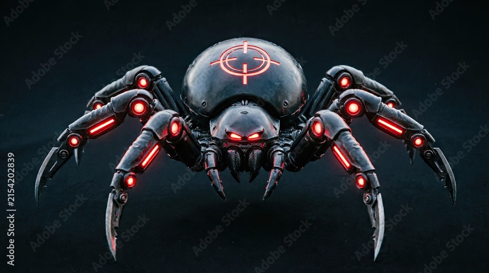 Futuristic robotic spider with glowing red lights