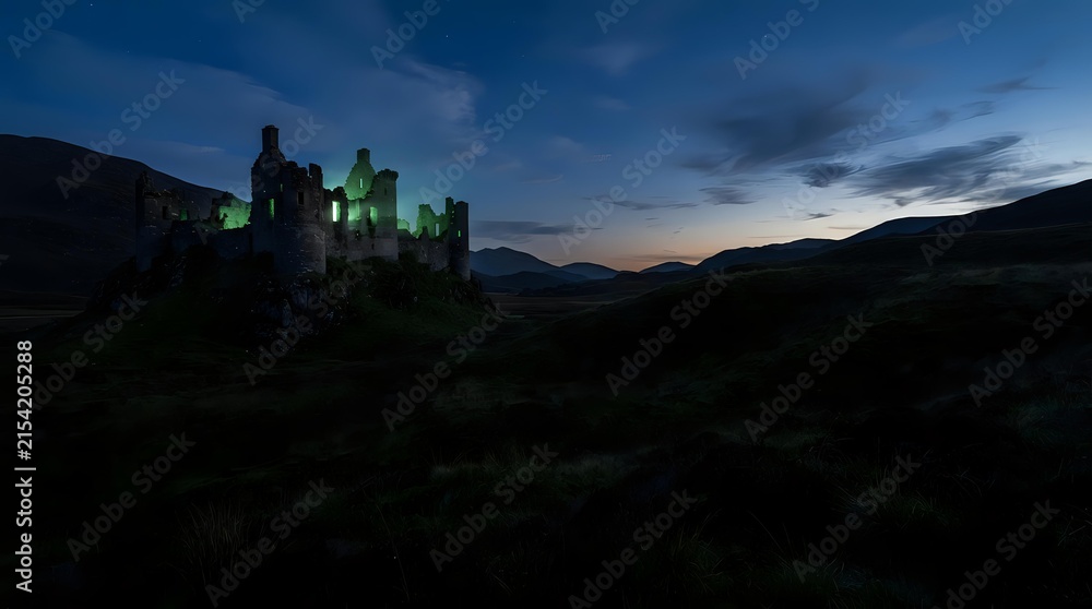 Obraz premium Illuminated castle ruins standing against a twilight sky with mountains