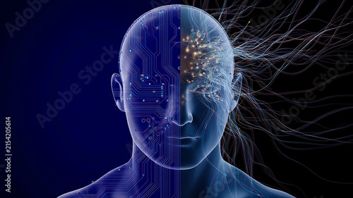 Human head with digital brain network representing artificial intelligence and advanced computing