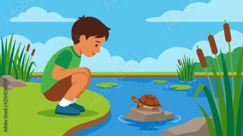 Little boy crouching by pond watching small turtle on rock vector illustration