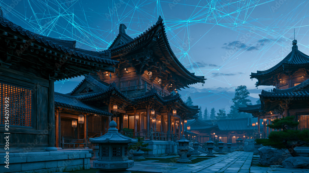 Fototapeta premium Traditional Asian Temple Under a Glowing Blue Digital Network Sky 