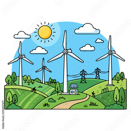 Green Renewable Energy Landscape With Wind Turbines Solar Panels Power Grid