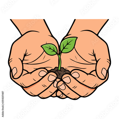 Human Hands Holding Young Green Plant Sprout Soil Vector For Environment
