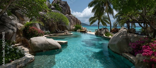 swimming pool at the bank of the luxurious beach glass platted with sierra blue water abstract backgroiund 