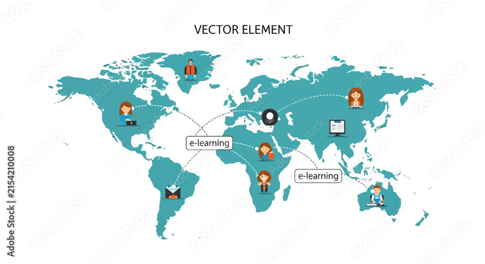 Naklejka premium Global e-learning network map with nodes
