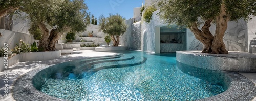 swimming pool at the bank of the luxurious beach glass platted with sierra blue water abstract backgroiund 