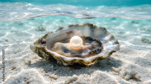 Open oyster with glowing white pearl resting on the sandy ocean floor underwater