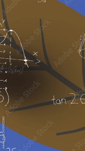 Animation of mathematical equations and leaf on blue background