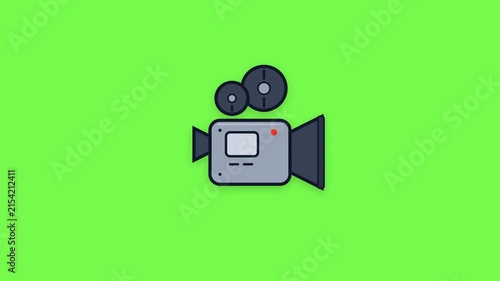 Retro camcorder with film reels and speaker horn, lime green, minimal style