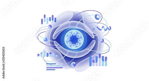 Futuristic data visualization illustration featuring a blue glowing circular core surrounded by abstract charts and purple curves.