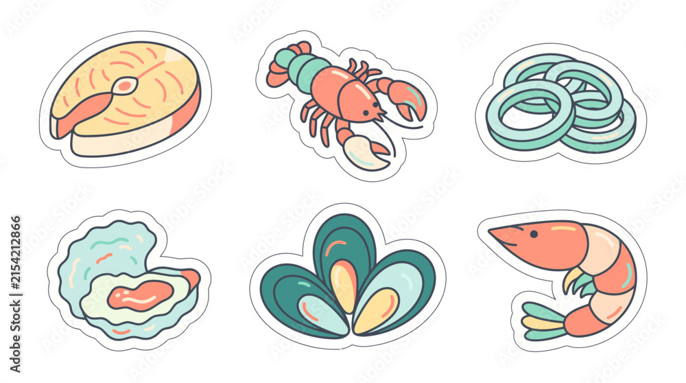 Obraz premium Colorful Seafood Stickers Set Featuring Fresh Fish and Shellfish