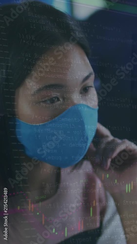 Animation of data processing over asian businesswoman with face mask using computer