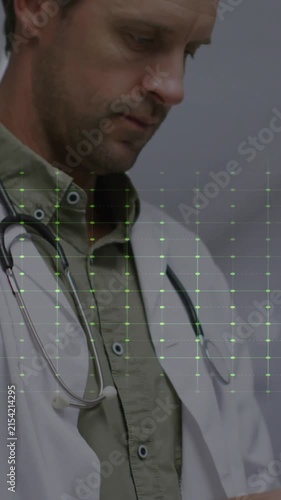 Doctor examining patient records, green heartbeat animation over medical background
