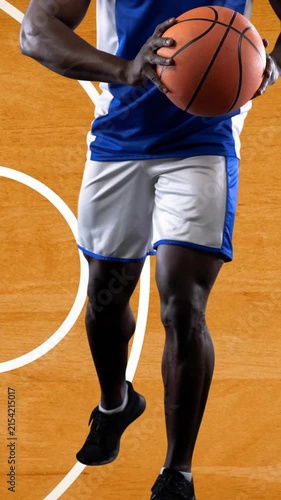 Animation of basketball player with ball on basketball court background