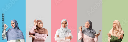 Fotografía Diverse group of five muslim women wearing hijabs different expressions and acti