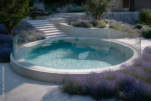 swimming pool at the bank of the luxurious beach glass platted with sierra blue water abstract backgroiund 