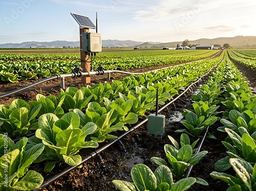 Smart solar powered irrigation system in green vegetable field.