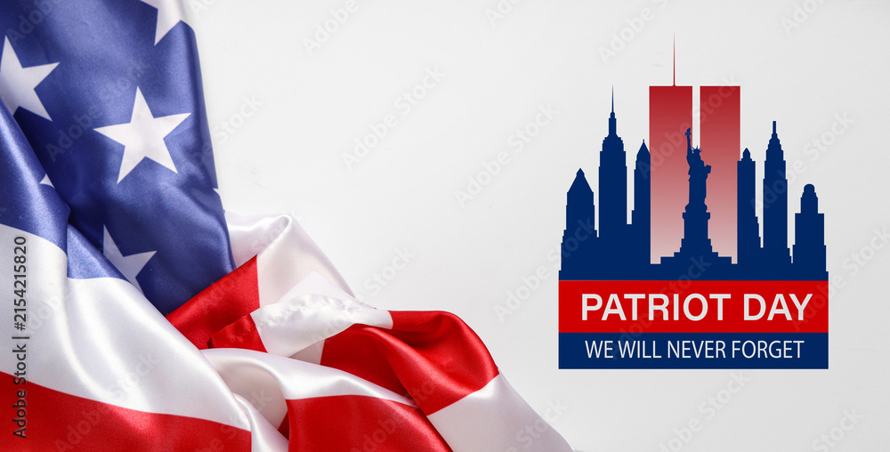 Naklejka premium Patriot day we will never forget text with american flag and New York city skyline silhouette, the graphic includes the twin towers and the statue of liberty, remembrance and national unity