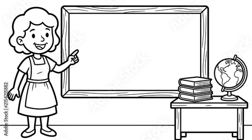Female Teacher Standing Beside Classroom Blackboard Coloring Page