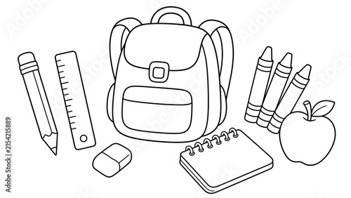 School Backpack Pencils Ruler Notebook and Apple Coloring Page