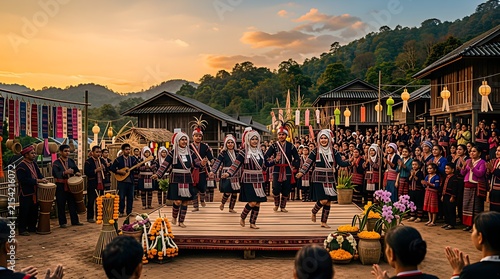 Traditional Hmong tribal dance performance at a festive village gathering.