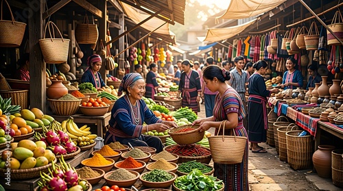 Vibrant traditional Asian street market with local vendors selling fresh fruits and spices.