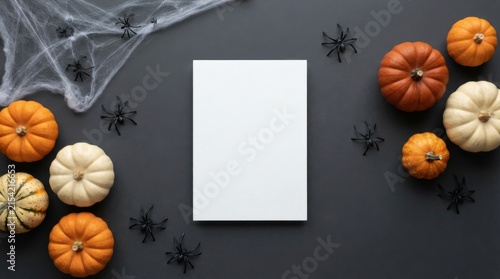Halloween flat lay frame with pumpkins on dark background layout