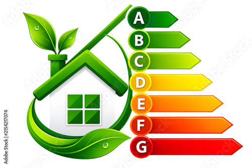 Energy Efficiency Rating Chart with Eco House and Green Leaves – Chart, House, Eco, Energy, Efficiency, Sustainability, Environment, Conservation, Design, Symbol, Green, PNG, Transparent Background
