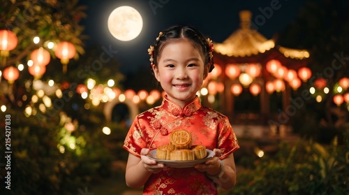 A joyful young girl wearing a traditional red dress celebrates the beautiful mid autumn festival china while holding a delicious mooncake under the bright full