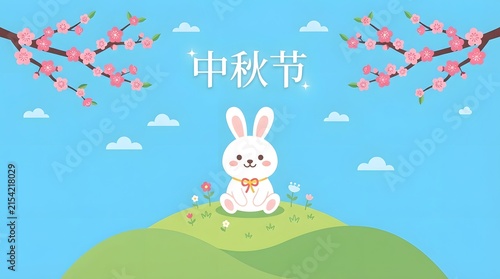 A cute white rabbit sitting on a green hill under cherry blossom branches celebrating the traditional mid autumn festival china event with a blue sky