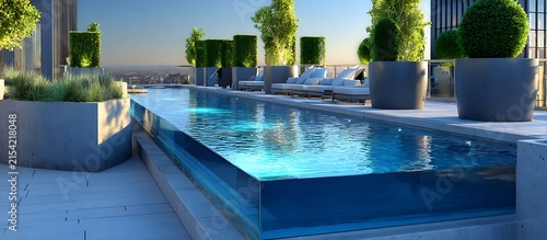 swimming pool at the bank of the luxurious beach glass platted with sierra blue water abstract backgroiund 