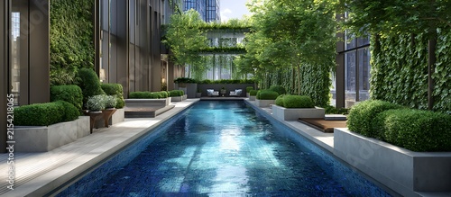 swimming pool at the bank of the luxurious beach glass platted with sierra blue water abstract backgroiund 